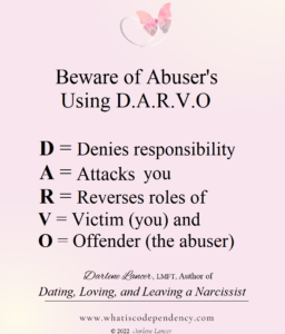 Beware of abuser's using DARVO: Denies responsibility Attacks you Reverses roles of Victim and Offender