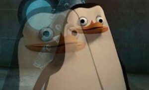 Two pictures of a cartoon penguin with eyes wide open overlapping each other